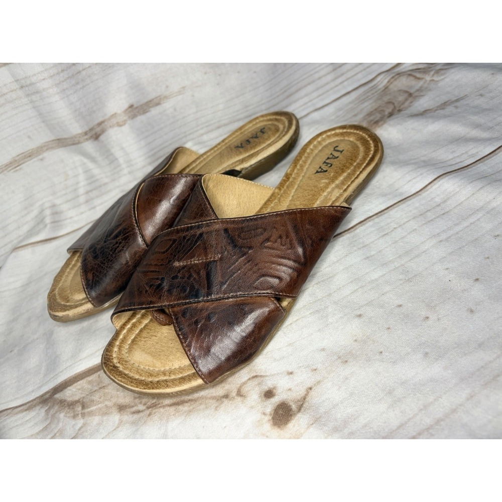 Jafa Handmade Israel Brown Leather Criss Cross Slide Sandals Women's EU 41